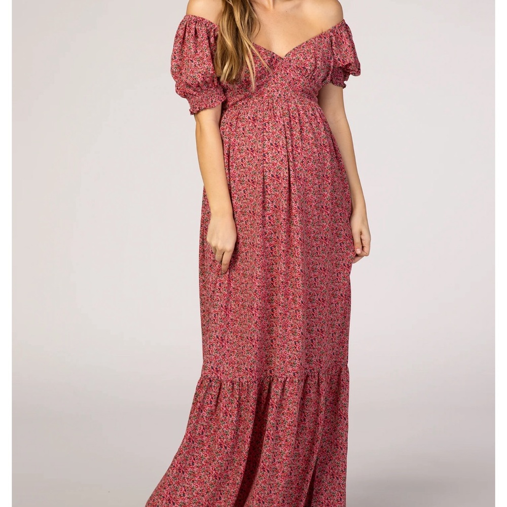 Cottage core maternity friendly maxi dress off the shoulder floral pink